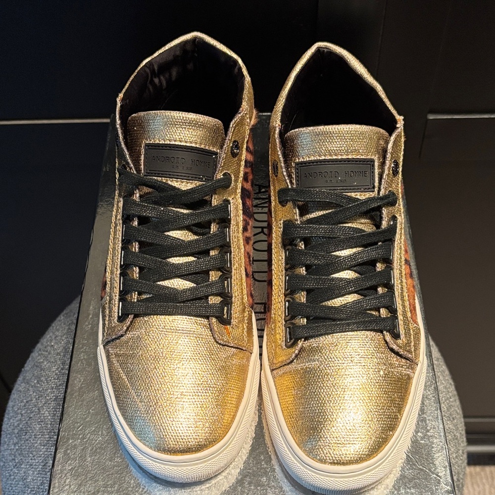 Android Homme Gold Cheetah Mid Sneakers, Mens 9, Womens 10.5.